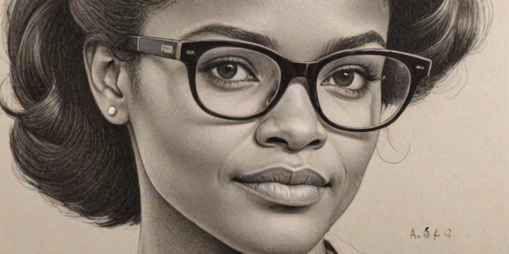 Superb Kimberly Elise, pencil sketch, portrait of Appealing woman 1964s in glasses, hair style beatnik, outline, clear lines, fine lines, 8k