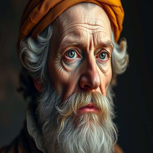 Create a portrait of a historical figure with realistic textures and vibrant colors, using a Canon EOS R5, 50mm lens, f/1.8 aperture, ISO 100, with soft lighting and a gradient background for depth.