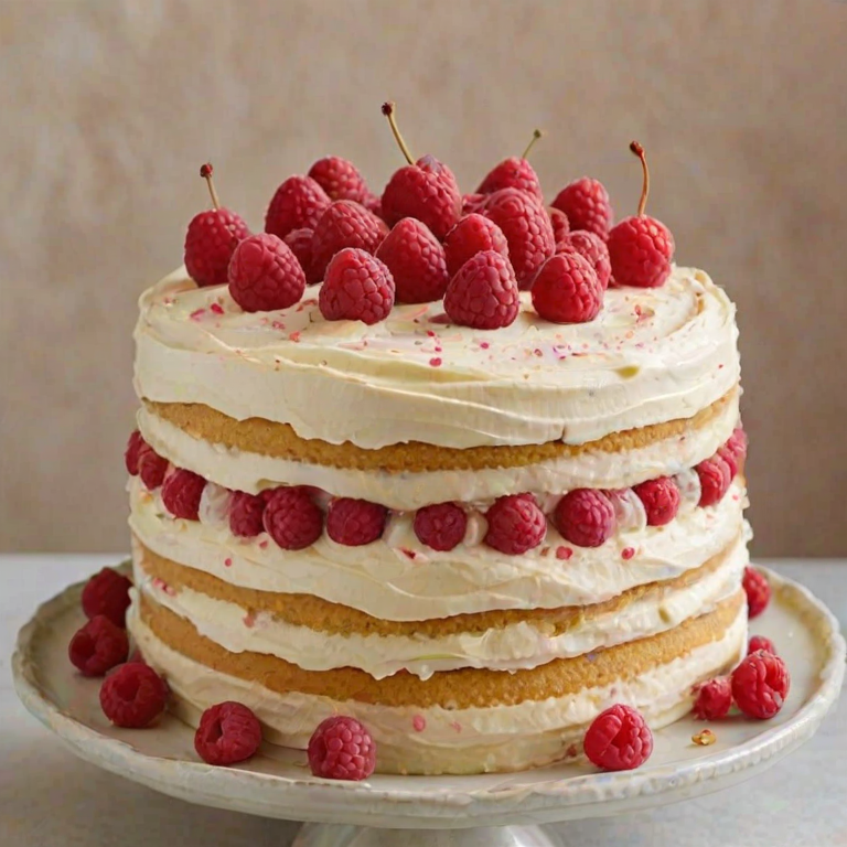 Create an image of a beautifully layered cake with a light yellow sponge. The cake should have visible layers filled with raspberry jam and a rich buttercream frosting. Top the cake with fresh raspberries and pastel-colored decorations, set against a neutral background. The cake should look inviting and delicious, showcasing its soft texture and vibrant filling.