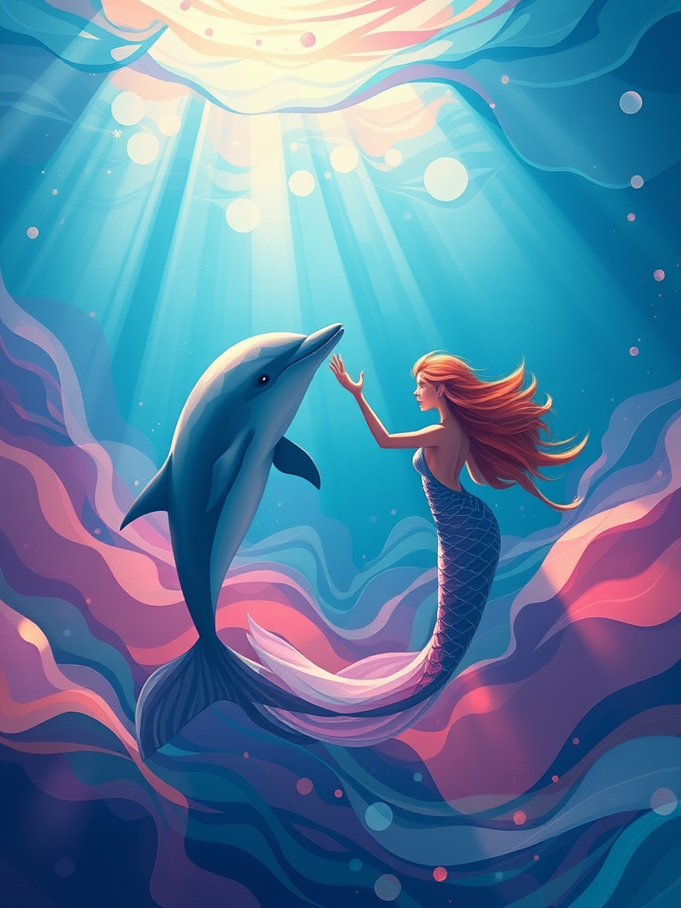 Create a digital illustration of a mermaid interacting with a dolphin in an abstract underwater scene using a vibrant color palette, focus on flowing shapes and layers with soft gradients, camera settings: ISO 100, aperture f/8, shutter speed 1/200s, camera view: close-up, camera style: high contrast, camera type: digital illustration.