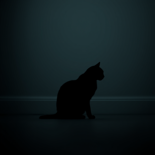 Generate an image of a minimalist black silhouette of a cat sitting, captured with a DSLR camera at 50mm focal length, f/1.8 aperture, ISO 100, in low light conditions with a shallow depth of field.