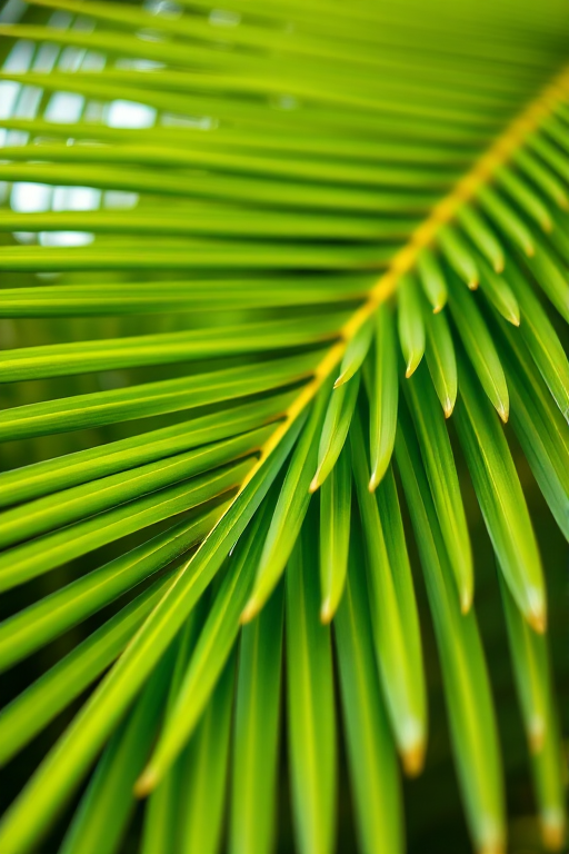 High-resolution close-up of a palm frond with vibrant green leaves, using a Canon EOS 5D Mark IV, f/4, ISO 100, 1/200s, with a shallow depth of field to create a soft background blur.