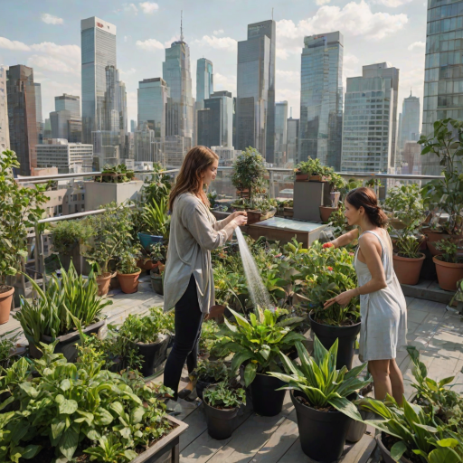 Rooftop garden in the middle of a busy city, skyscrapers towering in the background, a woman waters her plants, creating a peaceful oasis in the urban jungle.