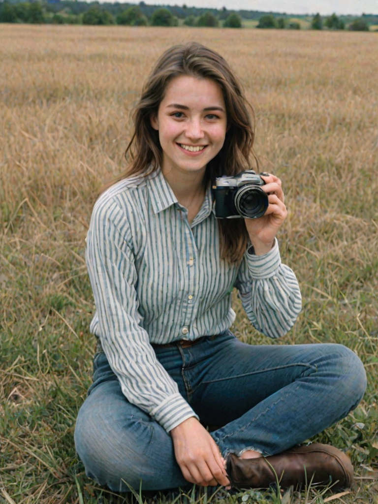 A young woman sitting on the ground in a field, holding a camera with a large lens, wearing a striped shirt and jeans, smiling at the camera.