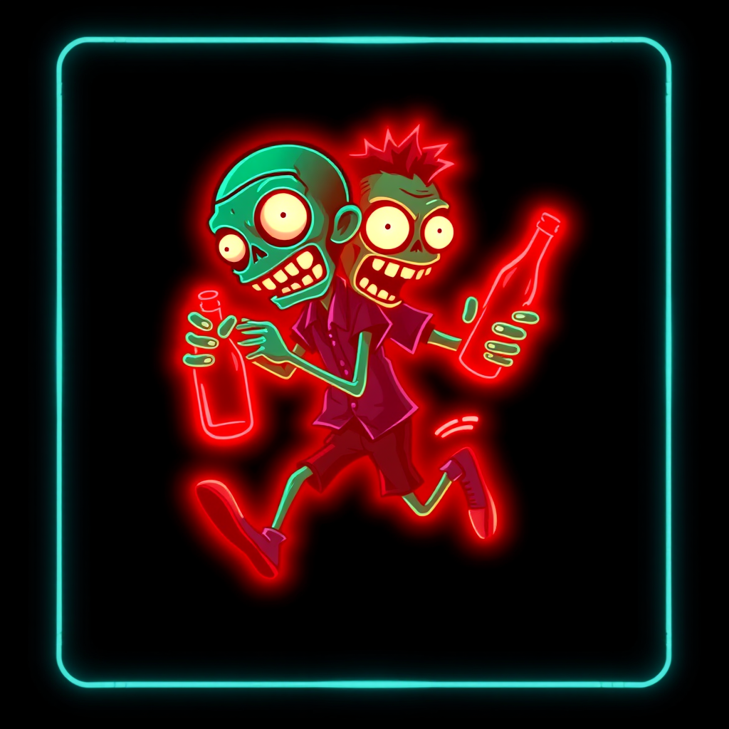 Create an image of a neon sign featuring a cartoon-style zombie in a dynamic pose, holding a bottle. The neon sign should glow in red against a dark background, making the character stand out prominently. The character should appear to be running, capturing attention with its vibrant color and action pose, perfect for advertising or decorative purposes.