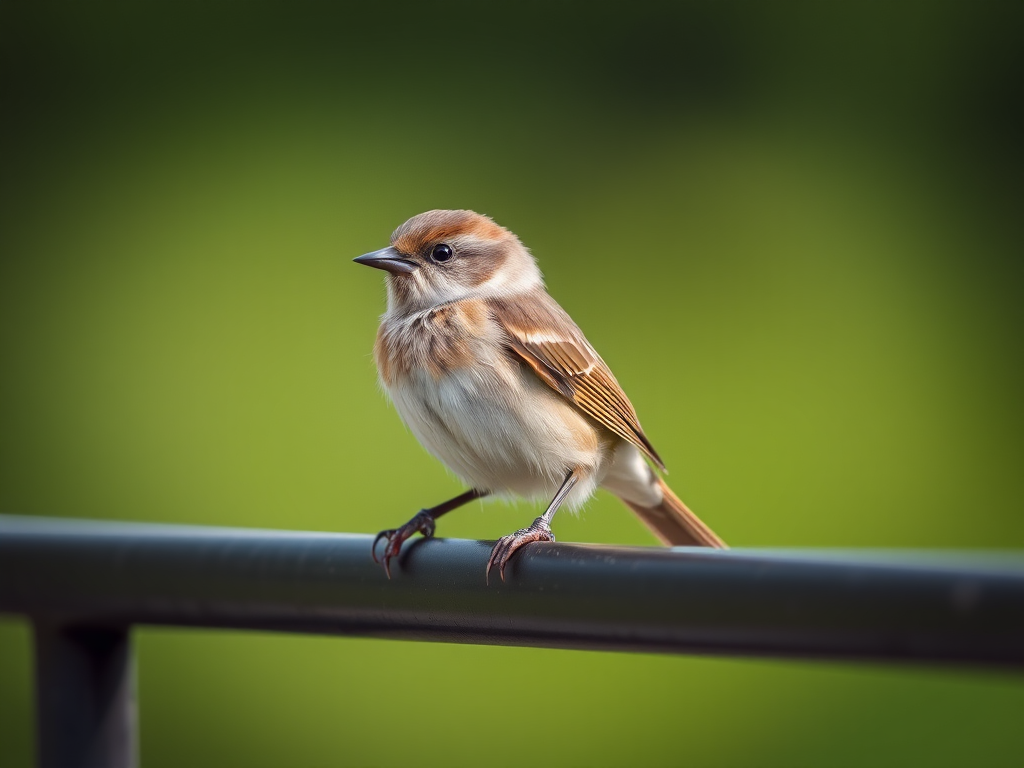 high-resolution image of a small bird perched on a thin metal rail, captured with a 50mm lens at f/2.8, ISO 200, shutter speed 1/500s, taken from a slightly low angle with natural soft lighting for enhanced clarity and detail