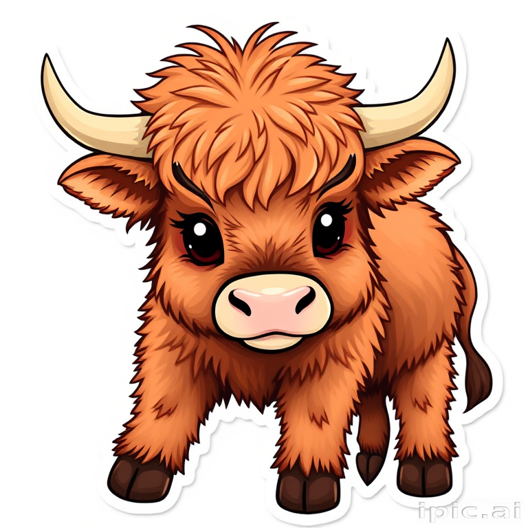 sticker design, adorable, furry, baby, highland cow, white background