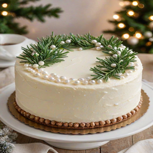 Generate an image of a round cake with a smooth white frosting on top. The cake is decorated with small edible pearls and topped with a sprig of evergreen. The setting is festive, with a neutral background that suggests a winter or holiday theme.