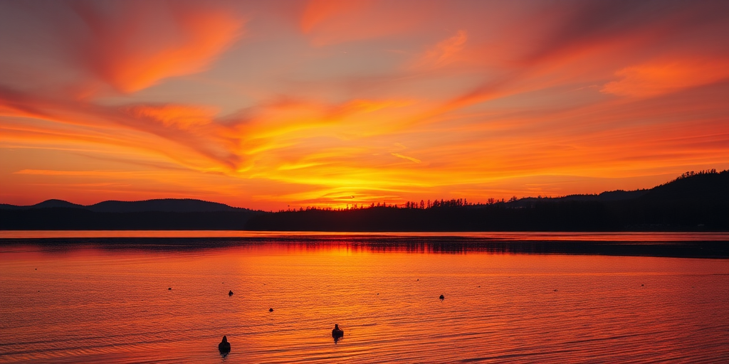 Create a high-resolution image of a beautiful sunset over a serene lake, using a Canon EOS R5 with a 35mm f/1.4 lens, aperture set to f/8, ISO 200, and a shutter speed of 1/60 sec, capturing vibrant colors and reflections while using a wide-angle view for depth.