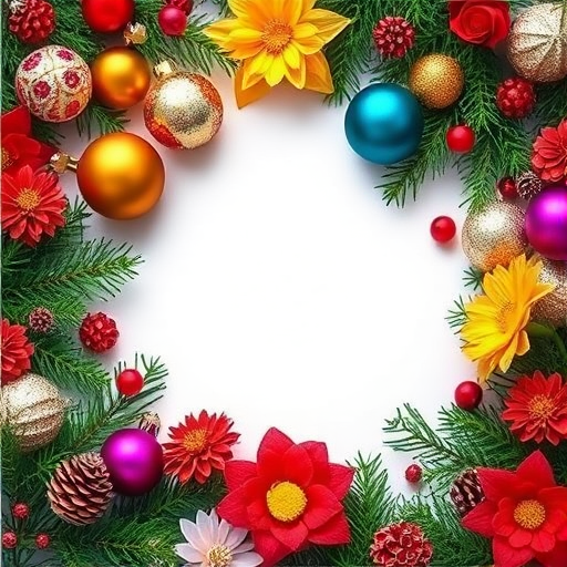 Create a vibrant holiday frame with multicolored ornaments, pine leaves, and festive flowers, captured with a DSLR camera at f/2.8 aperture, 1/60 sec shutter speed, ISO 100, top-down view, in a macro photography style to enhance detail and color vibrancy.