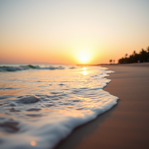 Soft-focus image of a beach at sunset, waves gently lapping at the shore, with soft golden light reflecting off the sand and distant palm trees swaying in the evening breeze.