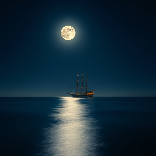Create a serene nighttime scene featuring a sailing ship on a calm ocean illuminated by a large moon, with sparkling reflections on the water, captured using a DSLR camera at f/2.8, ISO 100, shutter speed 10 seconds, wide-angle lens, long exposure style.