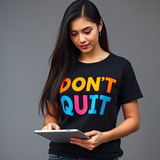 Create an image of a woman with long black hair wearing a black t-shirt with colorful text that says "DON'T QUIT," standing and using a tablet, captured with a Canon EOS R5, 50mm lens, aperture f/1.8, ISO 100, studio lighting, neutral gray background.
