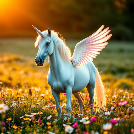 A majestic unicorn with pastel-colored wings standing in a flower-filled meadow during golden hour, DSLR camera with a 50mm lens, aperture f/1.8, ISO 100, soft bokeh effect.