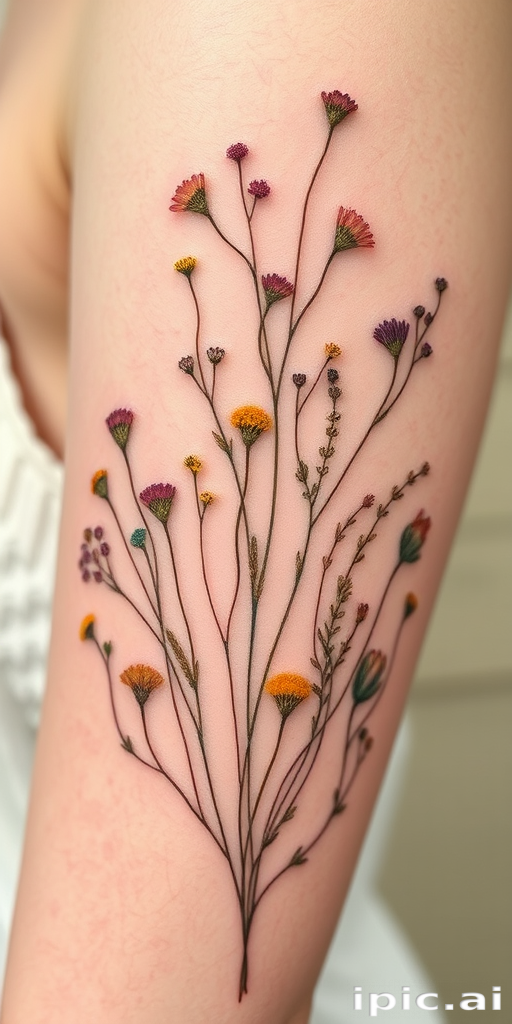 Delicate botanical tattoo called "Whispers of Spring" featuring a collection of delicately rendered wildflowers and herbs in soft, muted colors that appear to be gently pressed onto the skin like a fragile paper cutting, with fine linework and subtle shading creating a sense of depth and texture that mimics the delicate nature of pressed flowers
