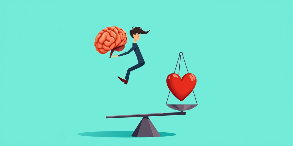 Create an illustration of a person balancing a brain and a heart on scales, using a vibrant turquoise background, with a focus on dynamic movement, captured with a 50mm lens at f/2.8, soft lighting, and a high-resolution digital art style.