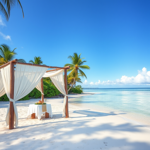 Create a picturesque tropical beach scene featuring a serene, white sandy shore. In the foreground, there's a rustic wooden canopy with white drapes gently flowing in the breeze. Underneath the canopy, a table is set with tropical decor, evoking a sense of relaxation and leisure. The beach extends into a calm, shallow water area with reflections of the sky and surroundings. Palm trees and lush greenery line the edge of the beach, providing a natural, tropical backdrop. The sky is clear with a few scattered clouds, and the overall atmosphere is tranquil and inviting, perfect for a peaceful retreat.