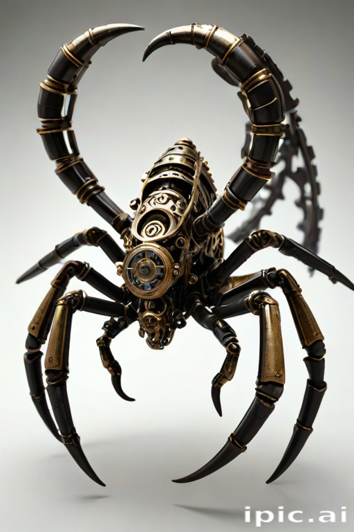 Create a high-intensity, high-resolution image of a steampunk scorpion, featuring intricate clockwork mechanisms and brass gears. The scorpion should have metallic limbs with elaborate jointed segments, showcasing a blend of Victorian-era aesthetics and futuristic technology. The body should be adorned with cogwheels, pistons, and small steam vents emitting a subtle mist, the front pinchers should up up and open. Capture the scene with dramatic lighting to emphasize the mechanical details, giving it a sense of motion and life