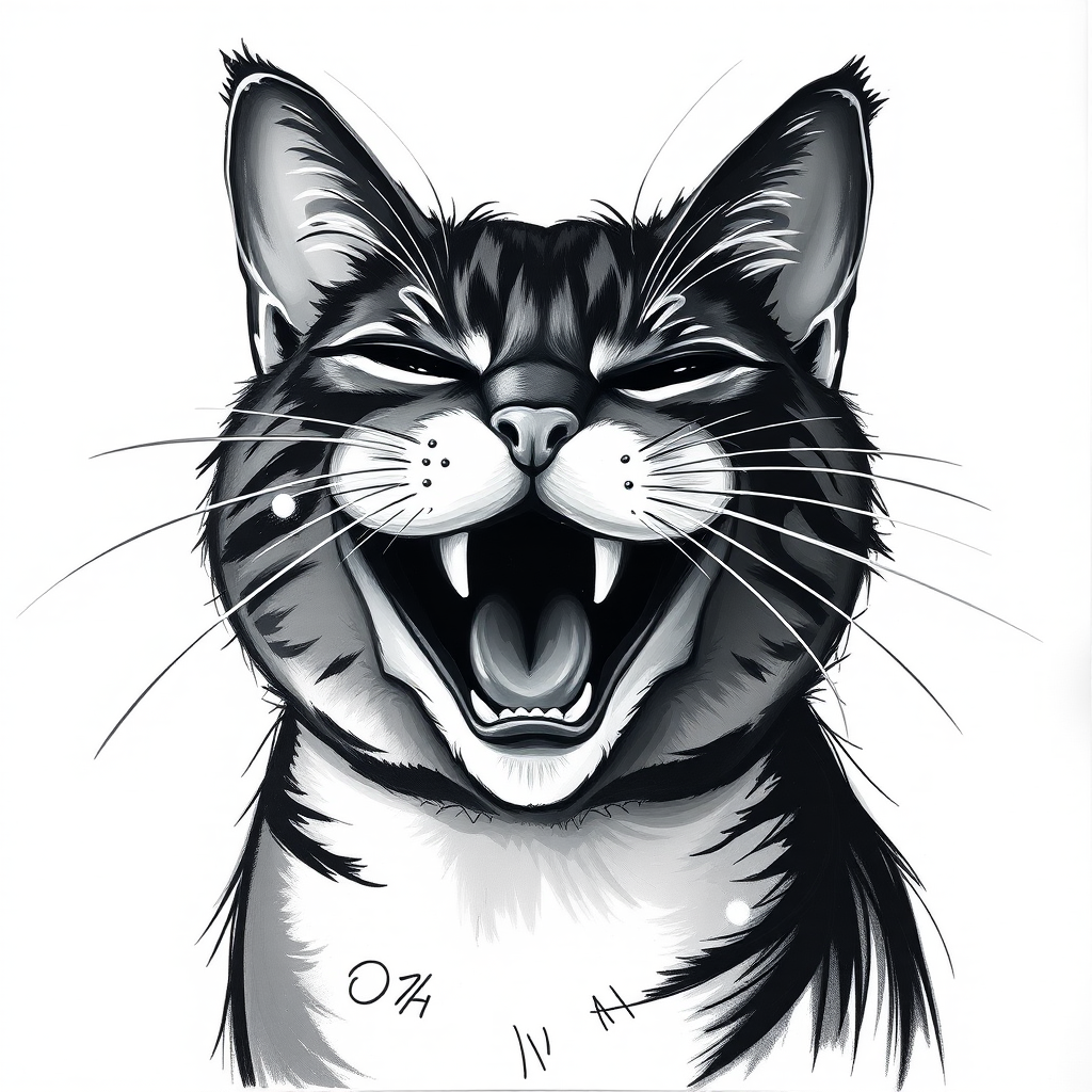 Abstract black and white acrylic portrait of an over exaggerated laughing (cat). Minimalism style. White background.