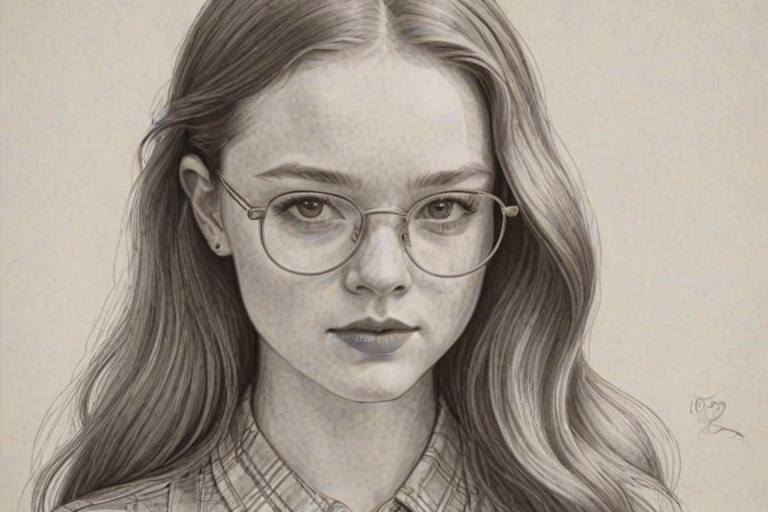 Dazzling Sadie Sink, pencil sketch, portrait of Alluring woman 1975s in glasses, hair style beatnik, outline, clear lines, fine lines, 8k