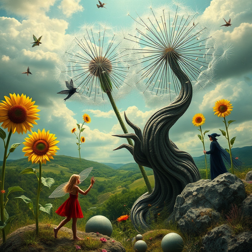 A surreal allegory featuring ethereal fairies, towering sunflowers, and an enigmatic witch, all set within a dreamlike landscape. The scene is dominated by a colossal dandelion, its delicate seeds floating through the air, reminiscent of Yves Tanguy's abstract forms. The environment is a blend of otherworldly elements and natural beauty, with twisted, elongated shapes and surreal colors that evoke a sense of mystery and enchantment.