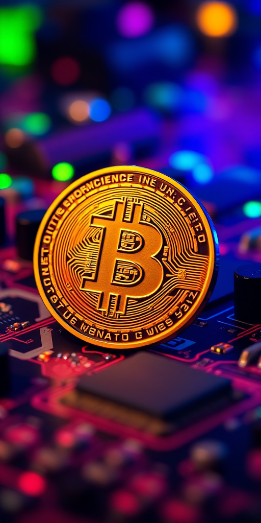 Create a hyper-detailed shot of a Bitcoin in focus, surrounded by a glowing circuit board with vibrant colors, using a DSLR camera with a 50mm f/1.8 lens, aperture set to f/2.8 for a shallow depth of field, ISO 200, and a low-angle view to emphasize the coin and circuitry.