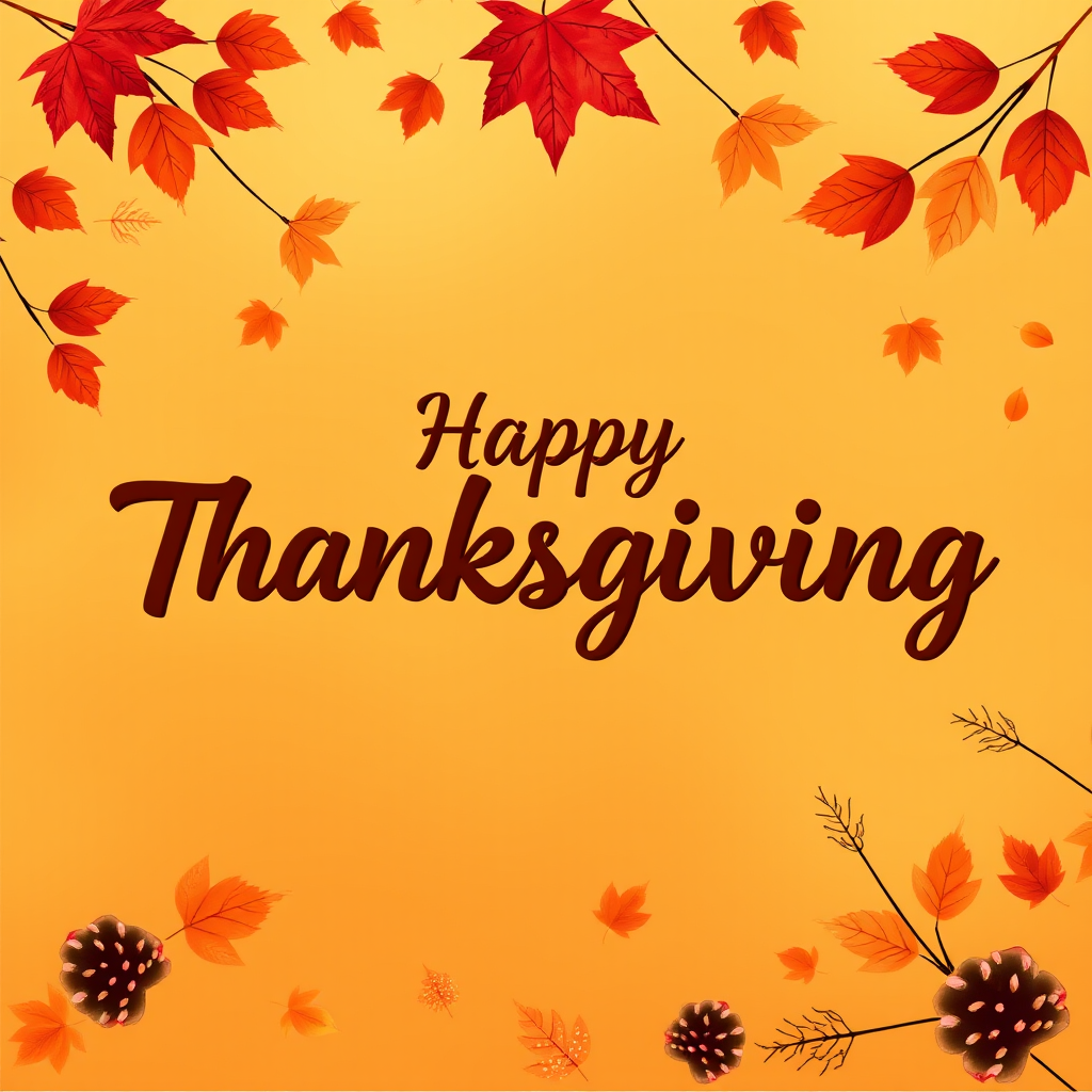 Create a warm and festive autumn-themed image with a gradient background of orange and yellow hues. Include a variety of falling leaves in shades of red, orange, and brown. In the center, display the text "Happy Thanksgiving" in a stylish and inviting font, using a dark brown color for contrast. Add subtle decorative elements like pine cones and additional leaves for a cozy, seasonal feel.