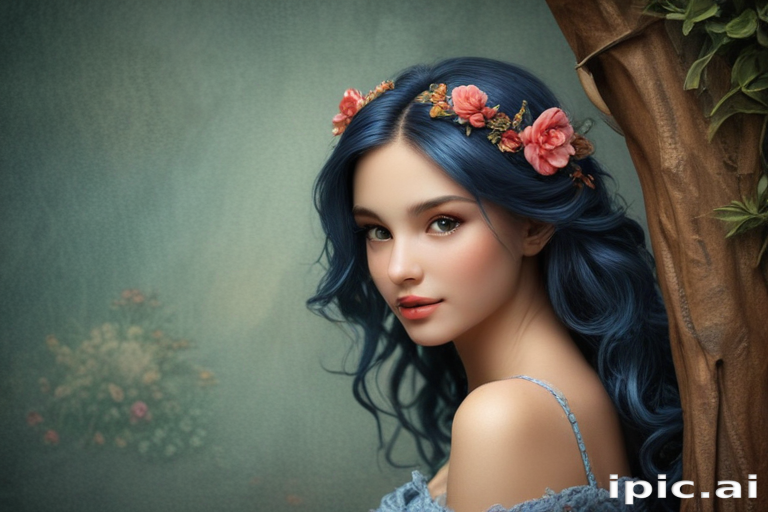 Enchanting Portrait of a Young Woman with Blue Hair and Floral Crown