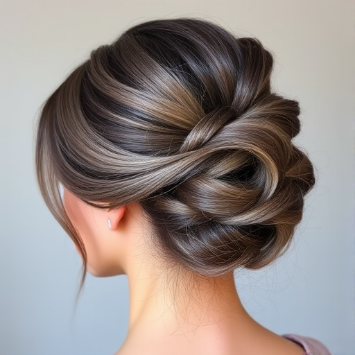 Sophisticated lady flaunting a polished French twist updo with a subtle smoky gray balayage, featuring wispy tendrils and a glossy finish