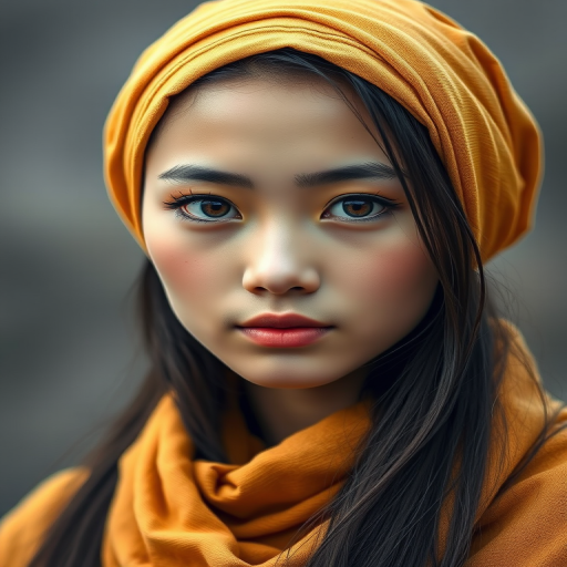 Create a portrait of a young Manchu woman with long, dark hair and captivating hazel eyes. She is wearing a Yellow headscarf and a matching scarf draped gracefully around her neck. The background is softly blurred, focusing attention on her serene and natural expression. The overall color palette is muted and warm, enhancing the intimate and authentic feel of the portrait.