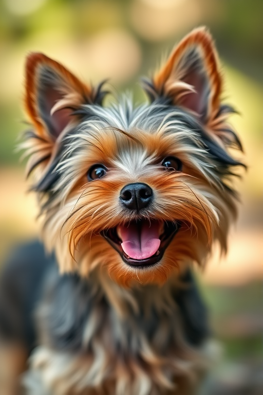 capture a close-up portrait of a happy Yorkshire Terrier with a blurred natural background, using a DSLR camera with a 50mm lens, aperture f/1.8, ISO 200, 1/500 shutter speed, soft natural lighting, and a shallow depth of field to enhance fur texture and vivid colors