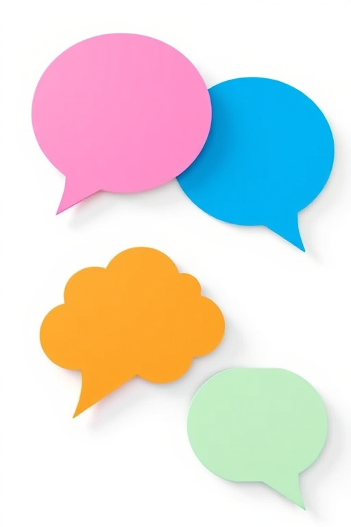 Create a high-resolution illustration of four colorful speech bubbles: one pink, one blue, one orange with a cloud shape, and one light green, using a DSLR camera with a 50mm lens, f/1.8 aperture, ISO 100, and natural lighting, with a clean white background for enhanced contrast and clarity.