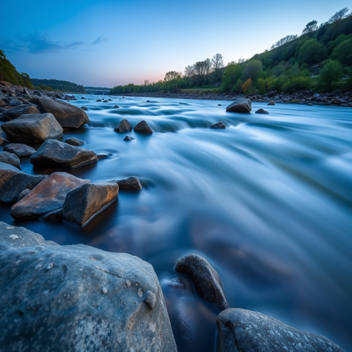 capture a serene river scene with smooth flowing water over rocks during twilight, using a long exposure of 10 seconds, f-stop 11 for depth of field, ISO 100 for clarity, wide-angle lens to capture the landscape, shot from a low angle to emphasize the foreground rocks and flowing water, DSLR camera for high-quality image