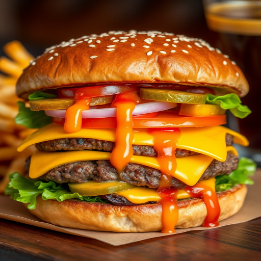 High-resolution, close-up image of a gourmet double cheeseburger. The burger features a glossy, sesame-seed-topped brioche bun. Inside, there are two thick, juicy beef patties, each topped with melted cheddar cheese. The burger is garnished with fresh lettuce, tomato slices, diced onions, and pickles. A generous amount of ketchup and a creamy, orange-colored sauce is dripping down the sides, adding to the mouth-watering appeal. In the background, there are blurred elements including a side of golden French fries and a hint of a beverage, enhancing the overall presentation of a delicious meal.