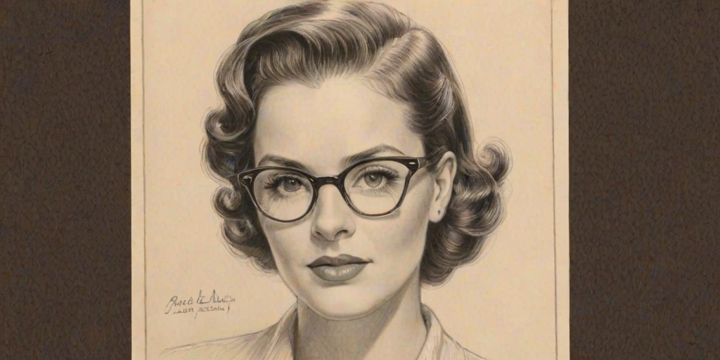 Pleasing Brooke Adams, pencil sketch, portrait of Delightful woman 1936s in glasses, hair style beatnik, outline, clear lines, fine lines, 8k