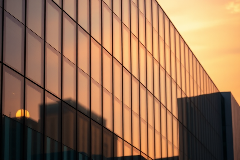 Generate an image of a modern building with reflective glass panels showing a sunset, using a Canon EOS R5 camera, 50mm lens, aperture f/4, shutter speed 1/200s, ISO 200, shooting in portrait orientation with a shallow depth of field to highlight the reflections.
