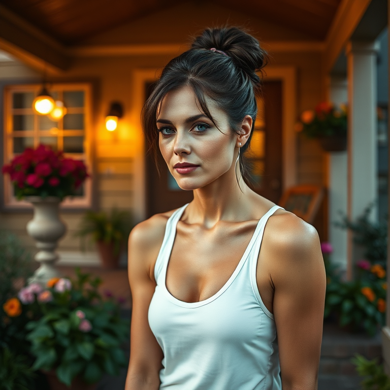 A photo of Charlize Theron with a background of a cozy porch. She has dark hair pulled back in an updo, with tendrils framing her face. She wears a white tank top and sits on the porch. The porch is part of a well-lit home with a warm, earthy tone and colorful flowers and foliage. The overall scene has a warm, welcoming, and comfortable ambiance.