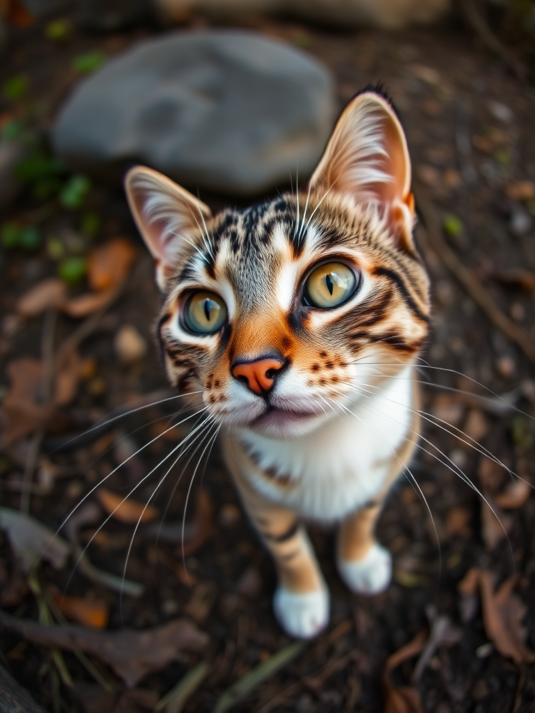 Capture a high-resolution photograph of a cat in a natural setting with focus on the eyes, using a DSLR camera set to f/2.8, ISO 100, and a shutter speed of 1/200s, with a shallow depth of field to blur the background, taken at eye level for a more intimate perspective.
