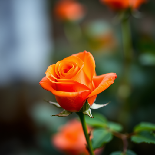Capture a close-up of an orange rose in full bloom, with a soft bokeh background, using a DSLR camera with a 50mm lens, aperture set to f/1.8, ISO 200, and a shutter speed of 1/250 sec to enhance image quality.