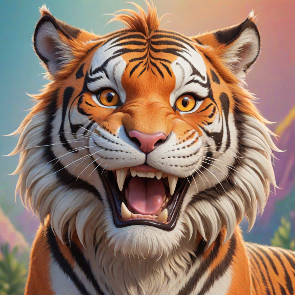 Disney style, cartoon illustration of an orange and white tiger with messy hair smiling very wide open mouth showing, in the Disney Pixar animation style, in the style of Don Bluth, full teeth body, with a very detailed face, very detailed eyes, very detailed fur, full color, very colorful, with a very colorful background, soft pastel colors, high resolution, high quality, high detail, hyper realistic