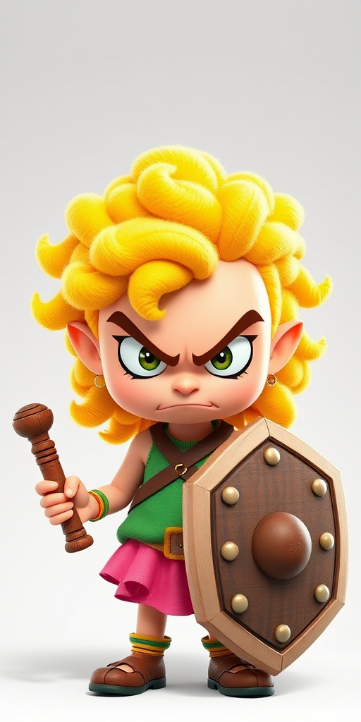 Create a cartoon character with bright yellow curly hair, an angry expression, wearing a green top and pink skirt, holding a wooden club and a shield, high definition, camera type: digital, camera view: front view, settings: f/8 aperture, ISO 100, 1/125s shutter speed.