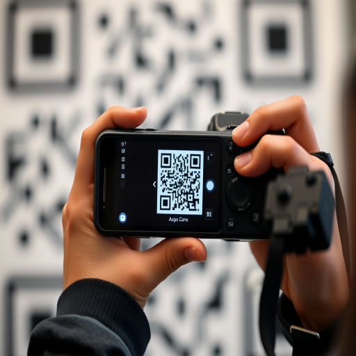 Capture a close-up image of a person holding a smartphone displaying a QR code, with a blurred QR code background, using a DSLR camera at f/2.8 aperture, ISO 100, and shutter speed of 1/125 sec, in portrait mode and soft lighting to enhance image quality.