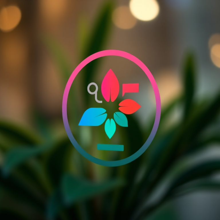 Generate an image of a stylized logo with a modern aesthetic, using a Canon EOS R5 camera, with a 50mm f/1.2 lens, aperture set to f/2.8, ISO 100, and a shallow depth of field to enhance clarity and vibrancy, captured from a slightly elevated angle.