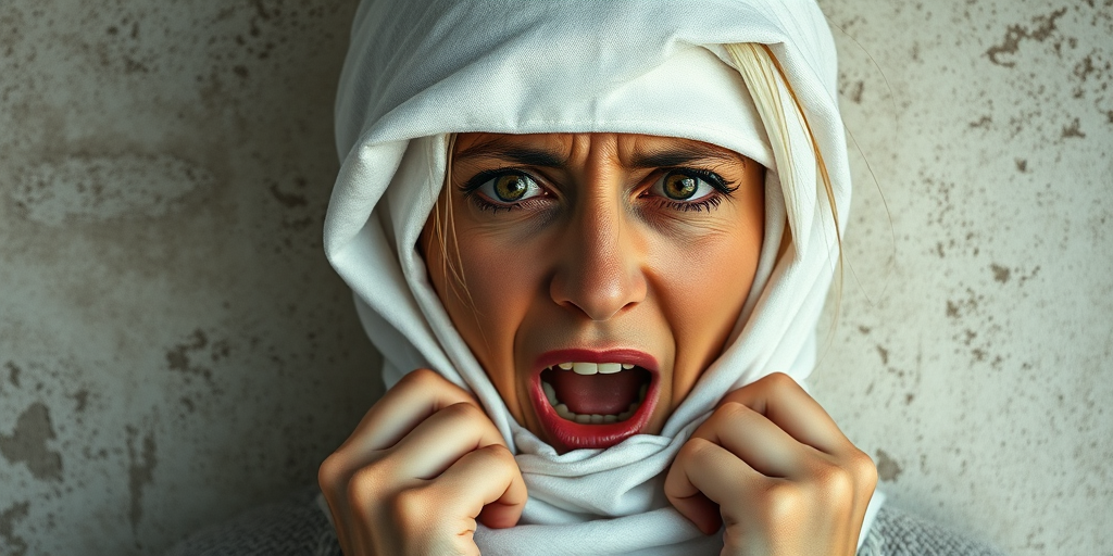 Create a close-up photographic image of a Turkmen woman with light skin tones shown against an old, worn wall. Their head is wrapped in a white cloth covering (i.e.... parts of the head except the nose and mouth, which are open as if they are screaming...), with a slight texture and visible folds in the fabric. Thin strands of blonde hair escape from the wrapping above, falling lightly at the top and sides. Their hands hold the fabric as if they are tugging nervously. The lighting is dramatic and even, casting strong shadows. The image has a minimalist and surreal style with an emphasis on simplicity with soft color tones. The composition is centered.