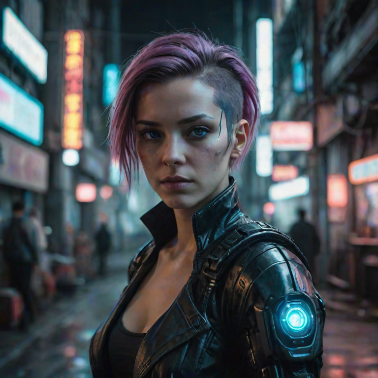 portrait of a Woman, she is an android, in a cyberpunk environnement