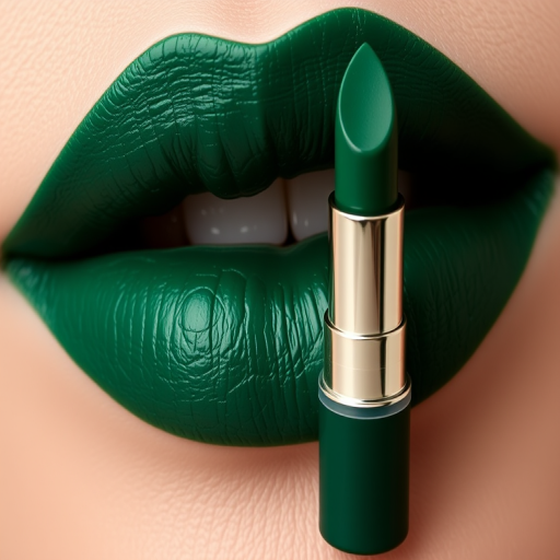 Deep emerald green cream lipstick "Enchanted Forest" with a semi-matte finish and rich jewel-tone pigments, ideal for dramatic and high-fashion makeup looks, comfortable wear