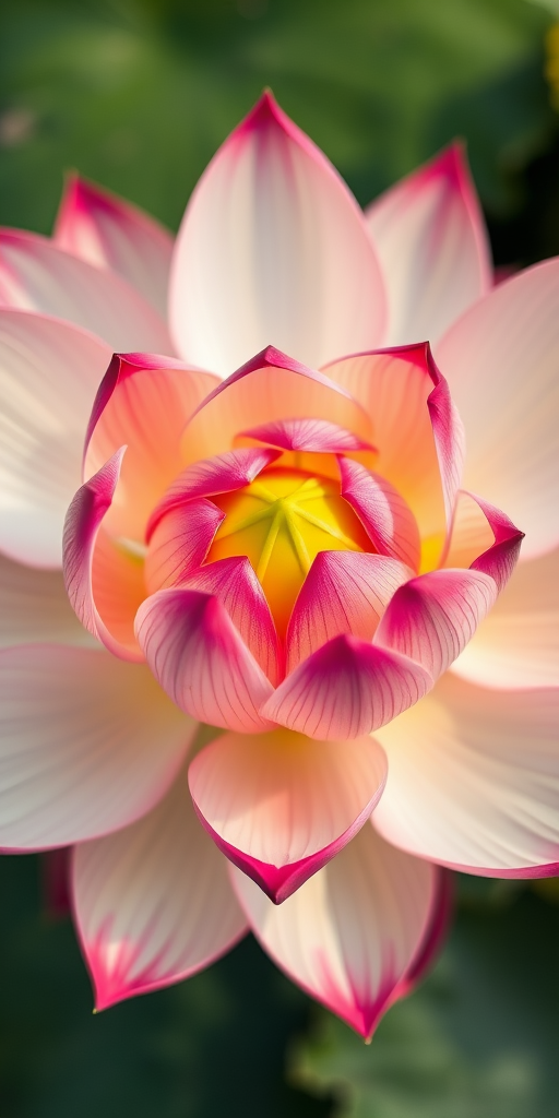 Create a high-resolution image of a stylized lotus flower with intricate linework, shot with a Canon EOS R5 at f/2.8, 50mm lens, ISO 100, top-down view, soft focus and vibrant color enhancement.
