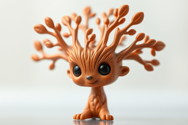 A cute cartoon character resembling a tree-like creature in copper color against a transparent background, captured with a DSLR camera using a 50mm lens, f/1.8 aperture, ISO 100, with a shallow depth of field to enhance details and a soft bokeh effect.