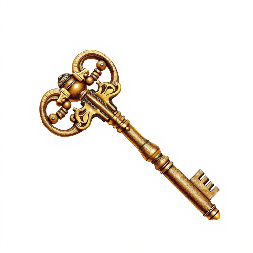Create an illustration of a vintage key with intricate designs on its bow and shaft, in high detail and clarity, using a DSLR camera at f/2.8 aperture, ISO 100, 50mm lens, in natural light, captured from a slight overhead angle to emphasize its features.