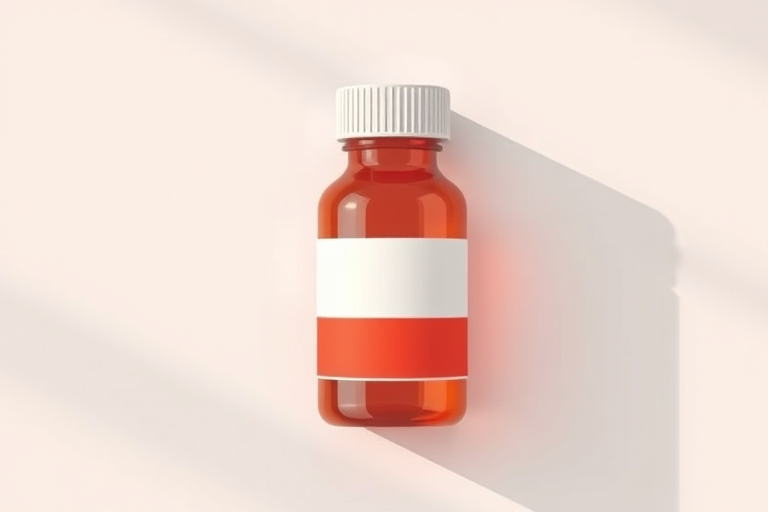Create an illustration of a simple medicine bottle labeled with a horizontal band, 50mm lens, f/2.8 aperture, ISO 100, soft natural lighting, top-down view, vector style.